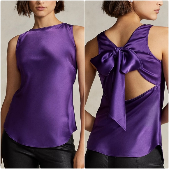 NWT Polo Ralph Lauren New Violet Purple Satin Sleeveless Bow-Back Top 8 - Picture 1 of 6